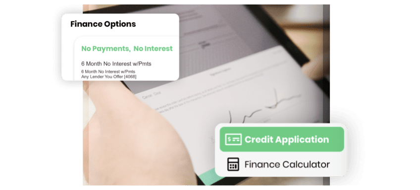 A person using a tablet to complete a digital credit application, displaying financing options such as No Payments, No Interest and tools like a finance calculator.