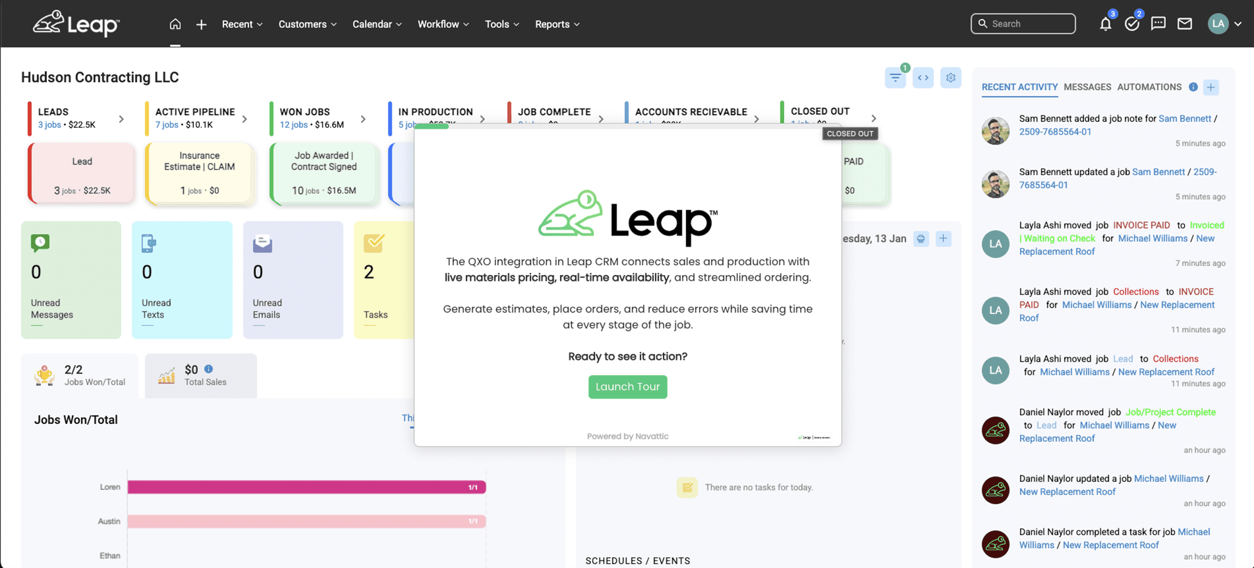 Leap CRM dashboard with sales pipeline, unread counts, recent activity, and Beacon PRO+ ordering integration pop-up.