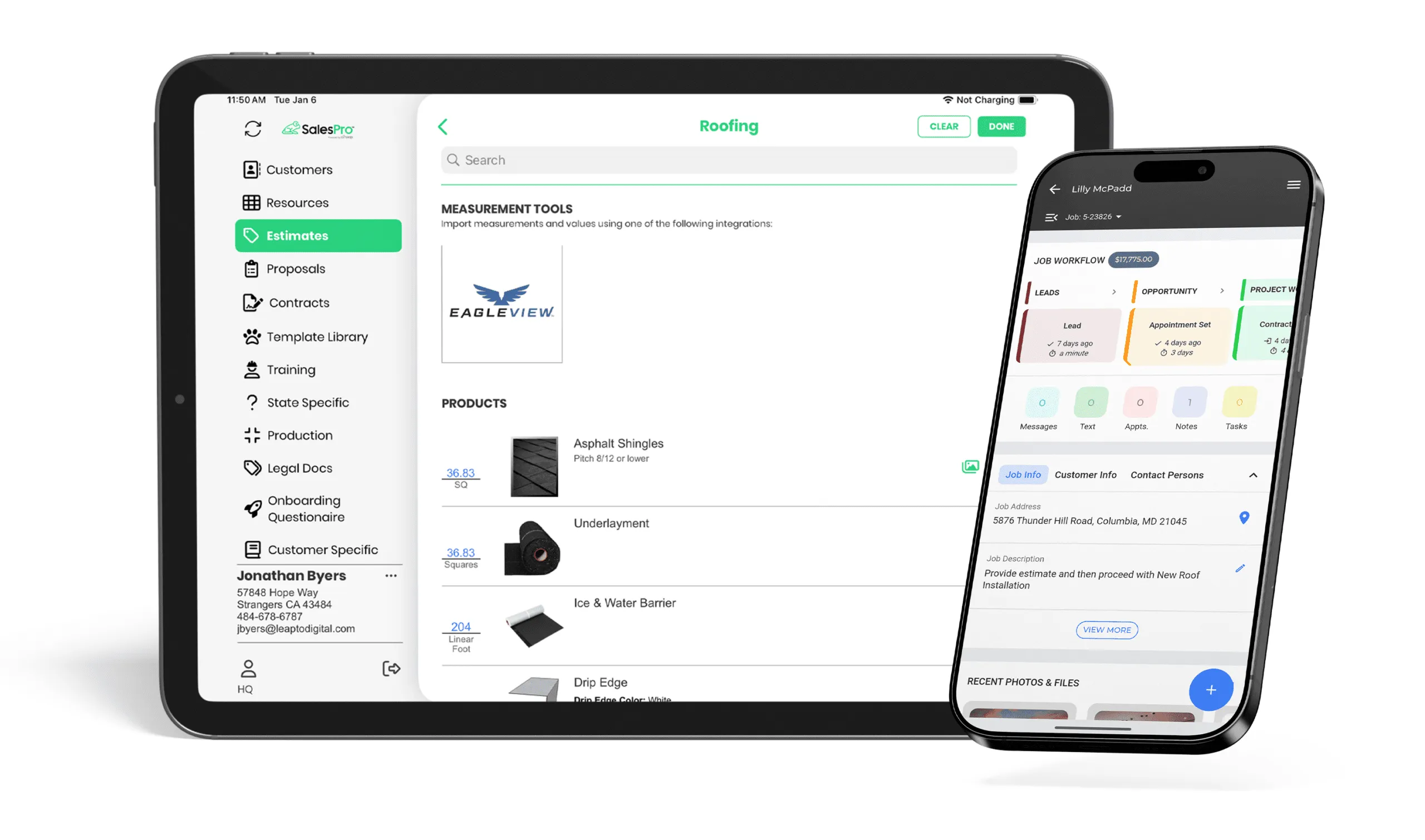 Leap CRM dashboard on iphone and Leap SalesPro Roofing Estimates on ipad