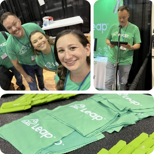 Leap employees and Leap swag at an event
