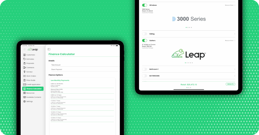 proposals and finance calculator screenshot in Leap app