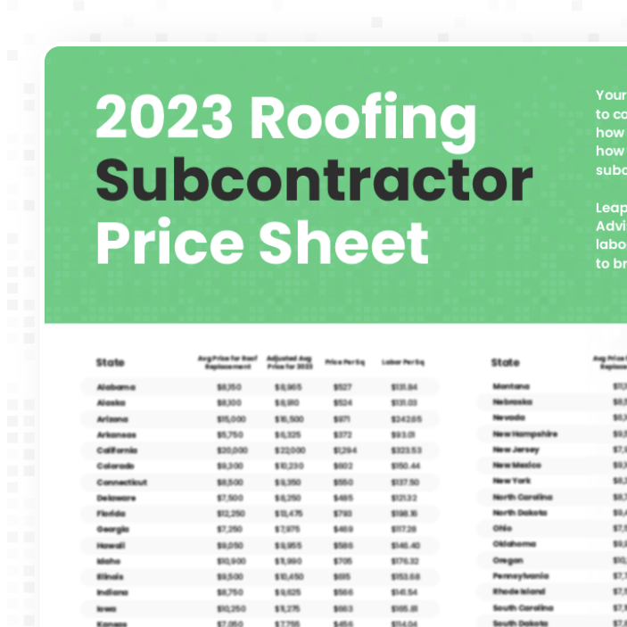 2022 roofing subcontractor price sheet by state
