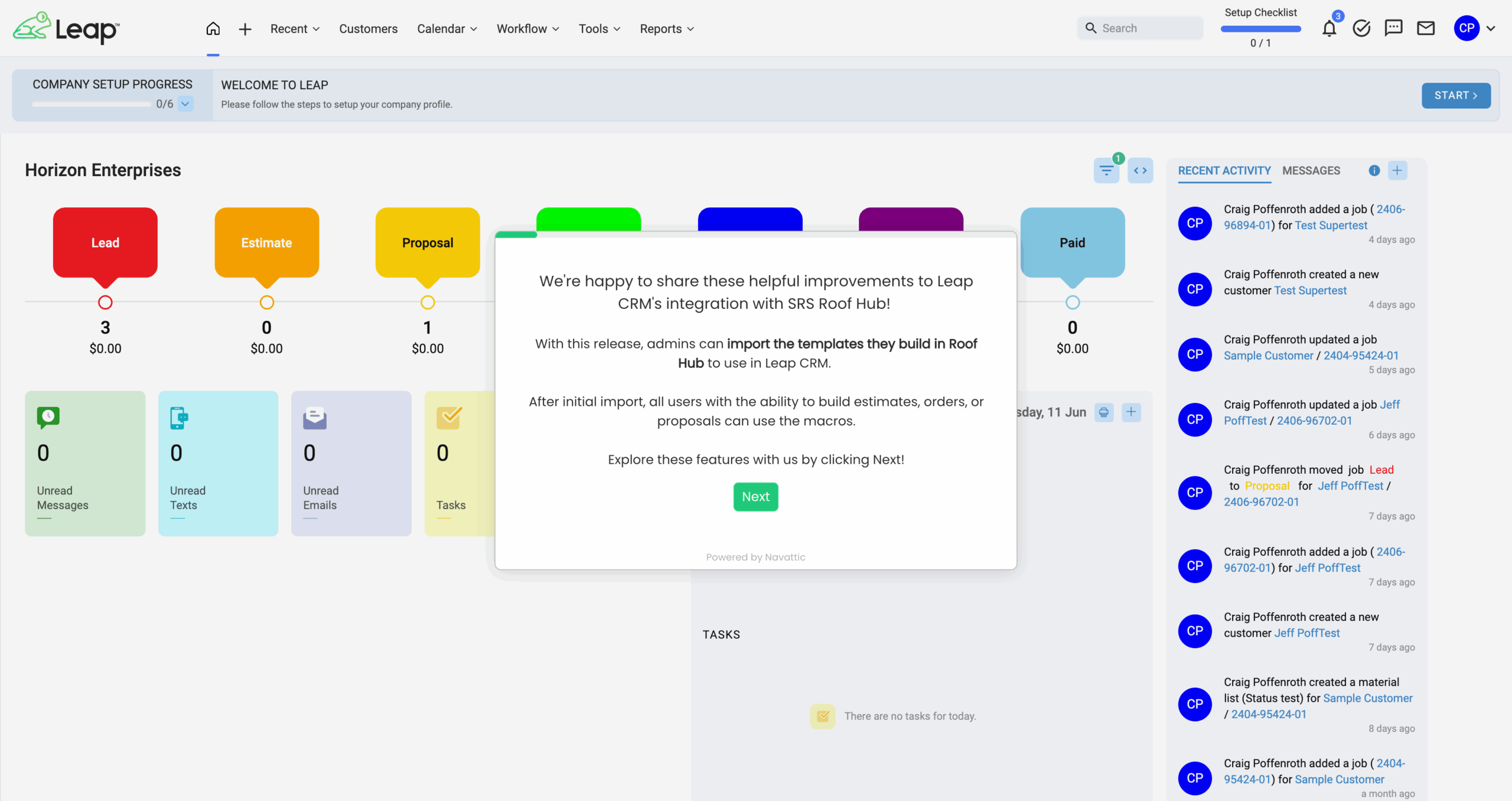 Leap CRM dashboard with SRS Roof Hub integration popup.