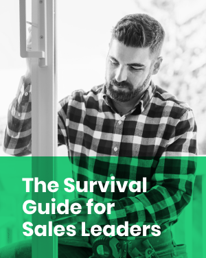 A man installing a sliding glass door with a text overlay of "The Survival Guide for Sales Leaders"