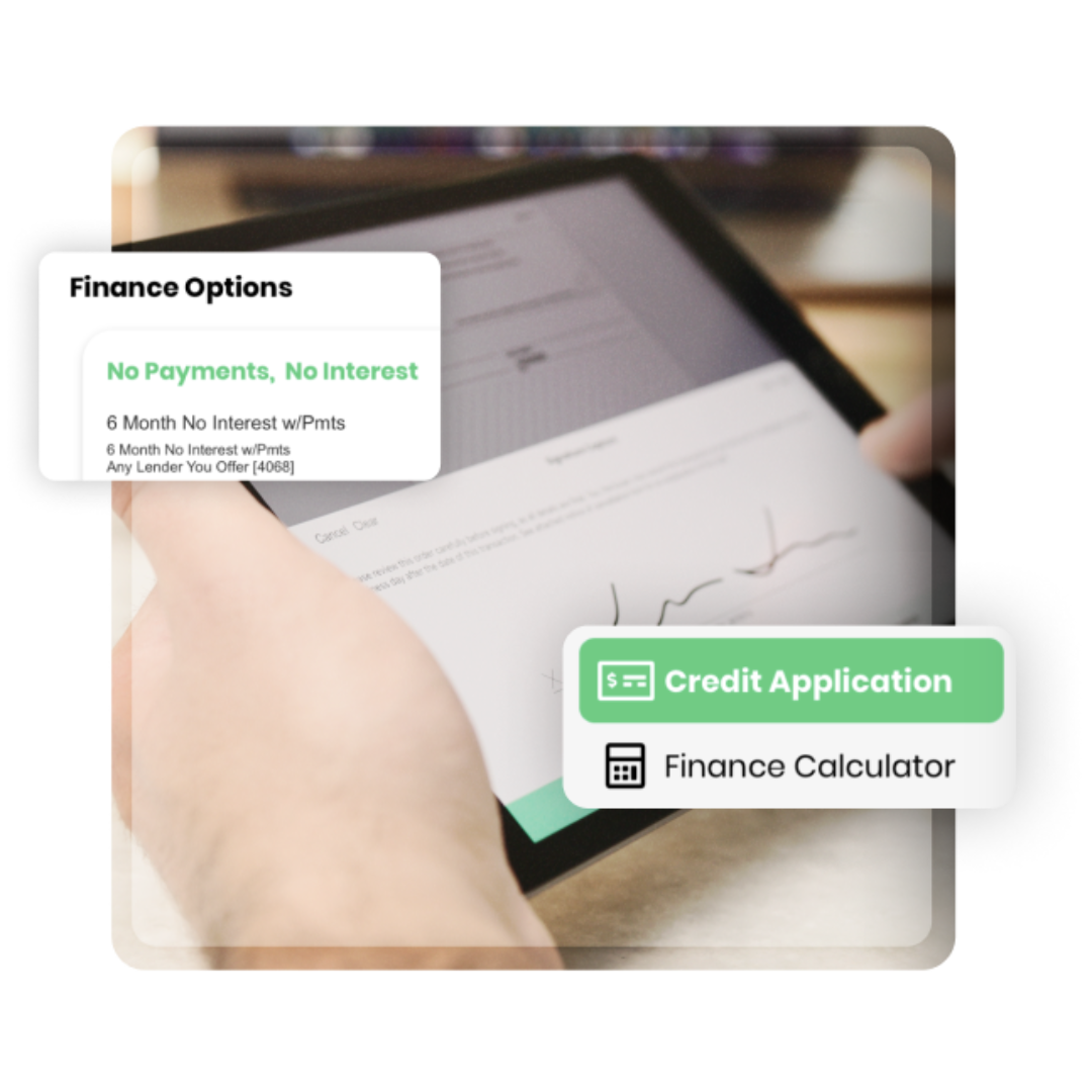 A close-up of a hand holding a tablet with a financial application form on the screen, overlaid with financing options and buttons for a credit application and finance calculator.