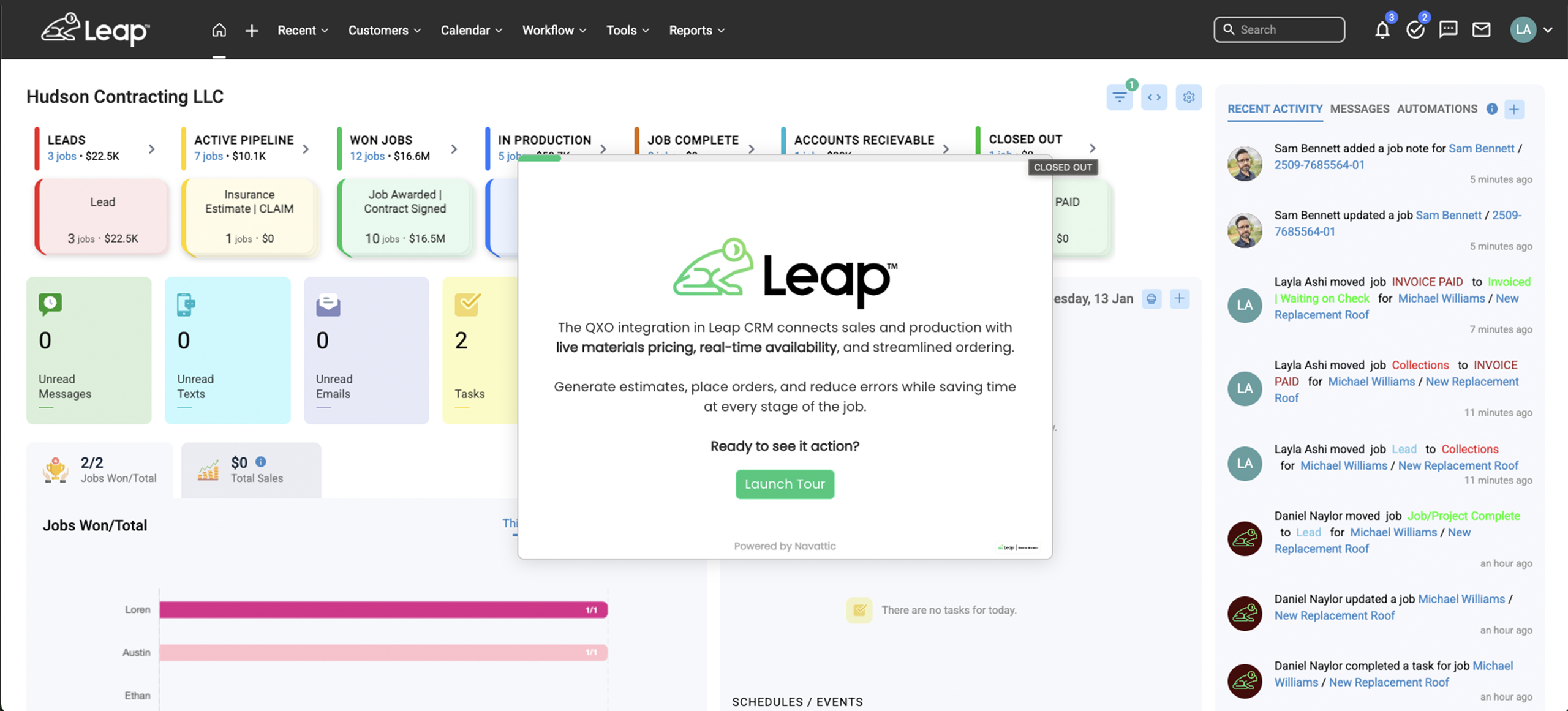 Leap CRM dashboard with sales pipeline, unread counts, recent activity, and Beacon PRO+ ordering integration pop-up.
