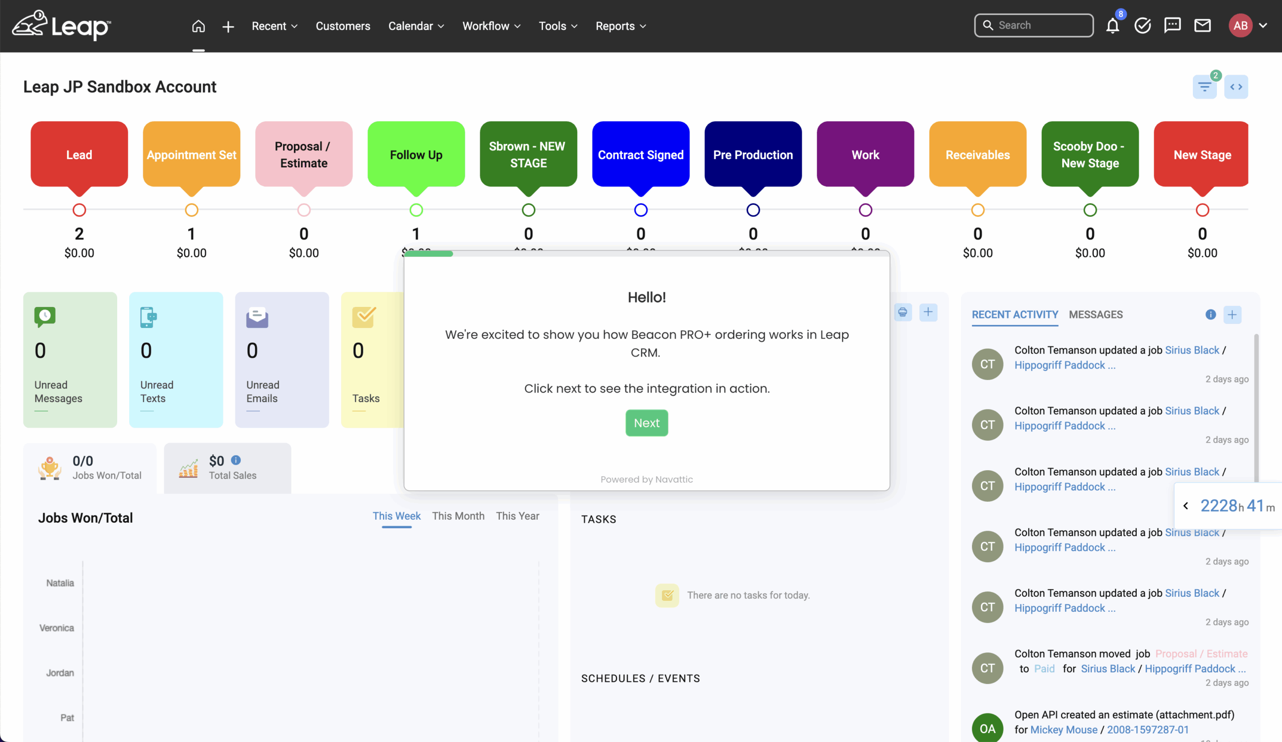 Leap CRM dashboard with sales pipeline, unread counts, recent activity, and Beacon PRO+ ordering integration pop-up.