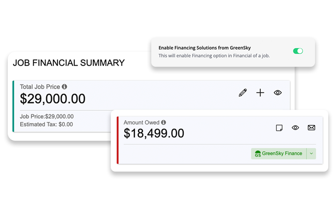 Leap CRM Job Financial Summary, Amount Owed and Enable Financing Solutions from GreenSky