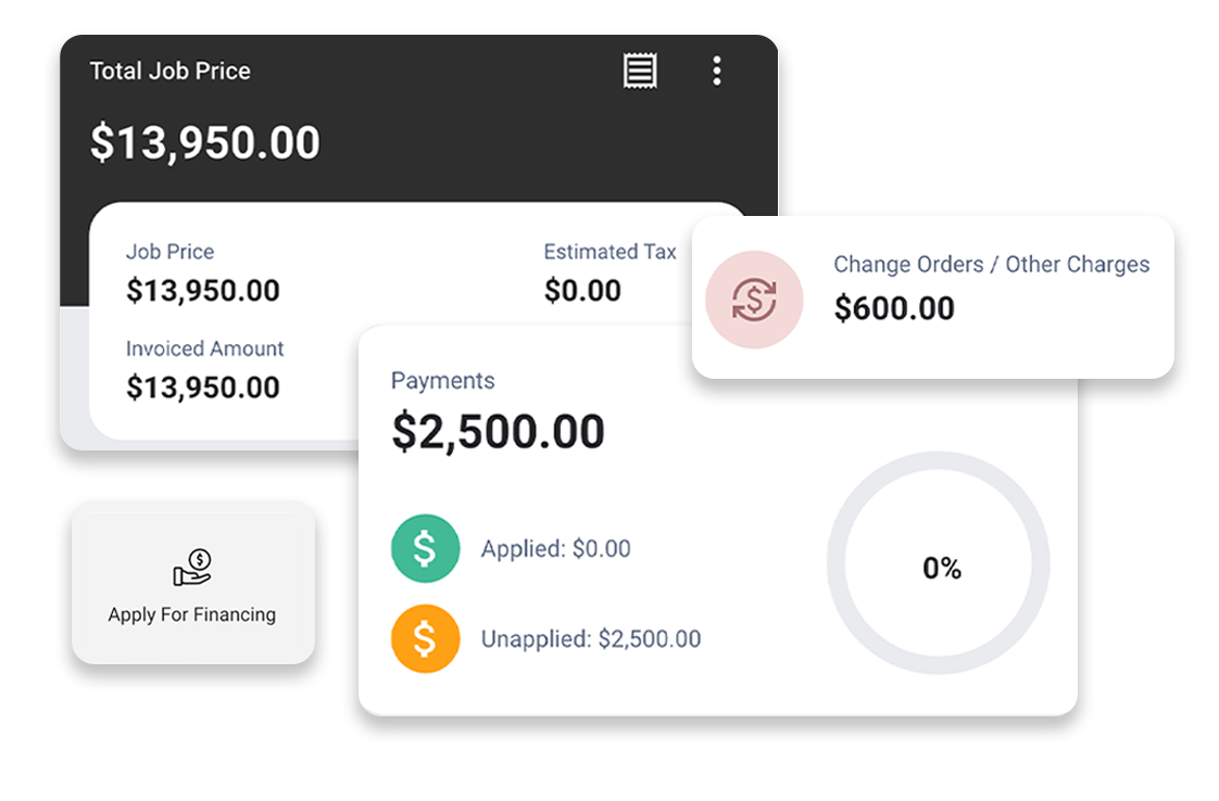 Leap CRM Mobile Total Job Price, Apply for Financing, Change Orders and Payments