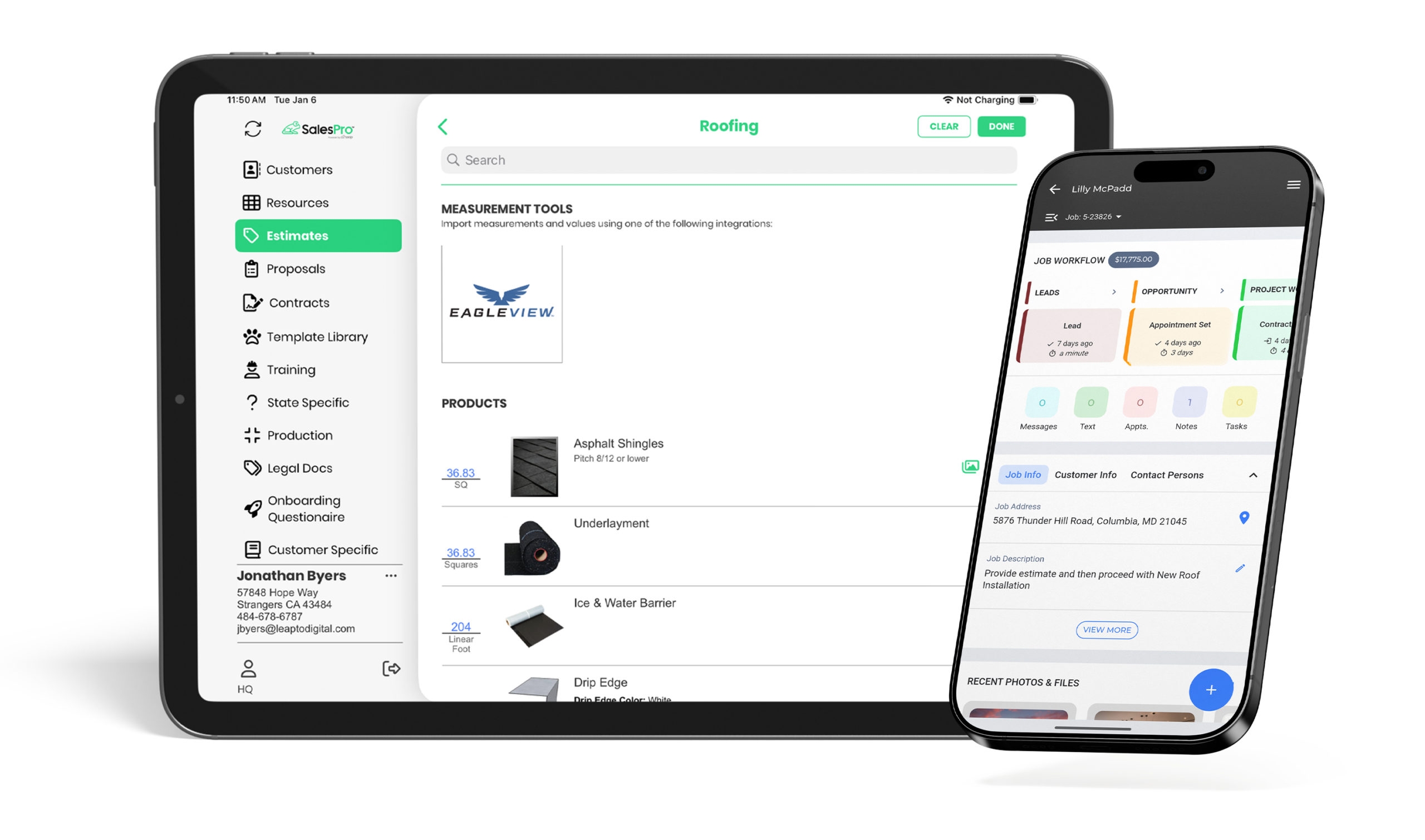 Leap CRM dashboard on iphone and Leap SalesPro Roofing Estimates on ipad