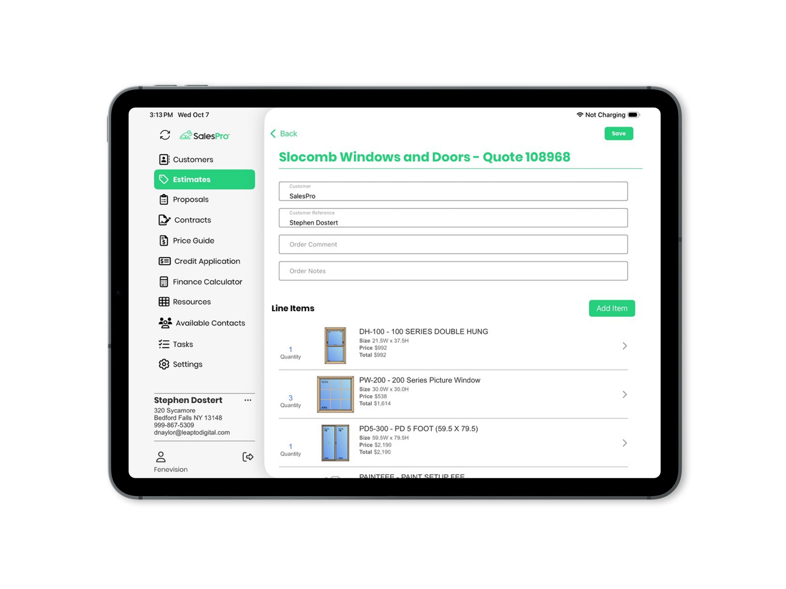Slocomb Windows in SalesPro on iPad